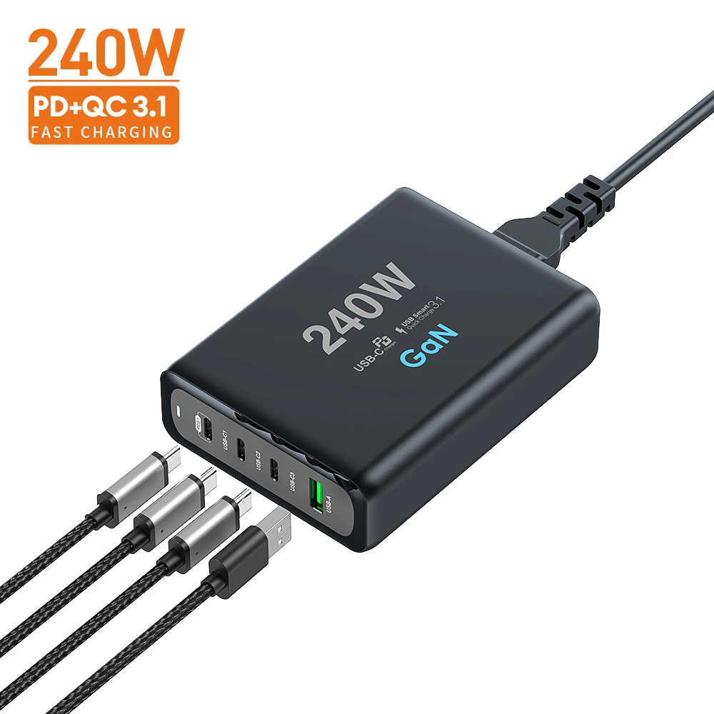 240W USB C Wall Charger 4-Port GaN Fast Charging Station Laptop Travel Type C Adapter Smartphone Carregador for MacBook iPad