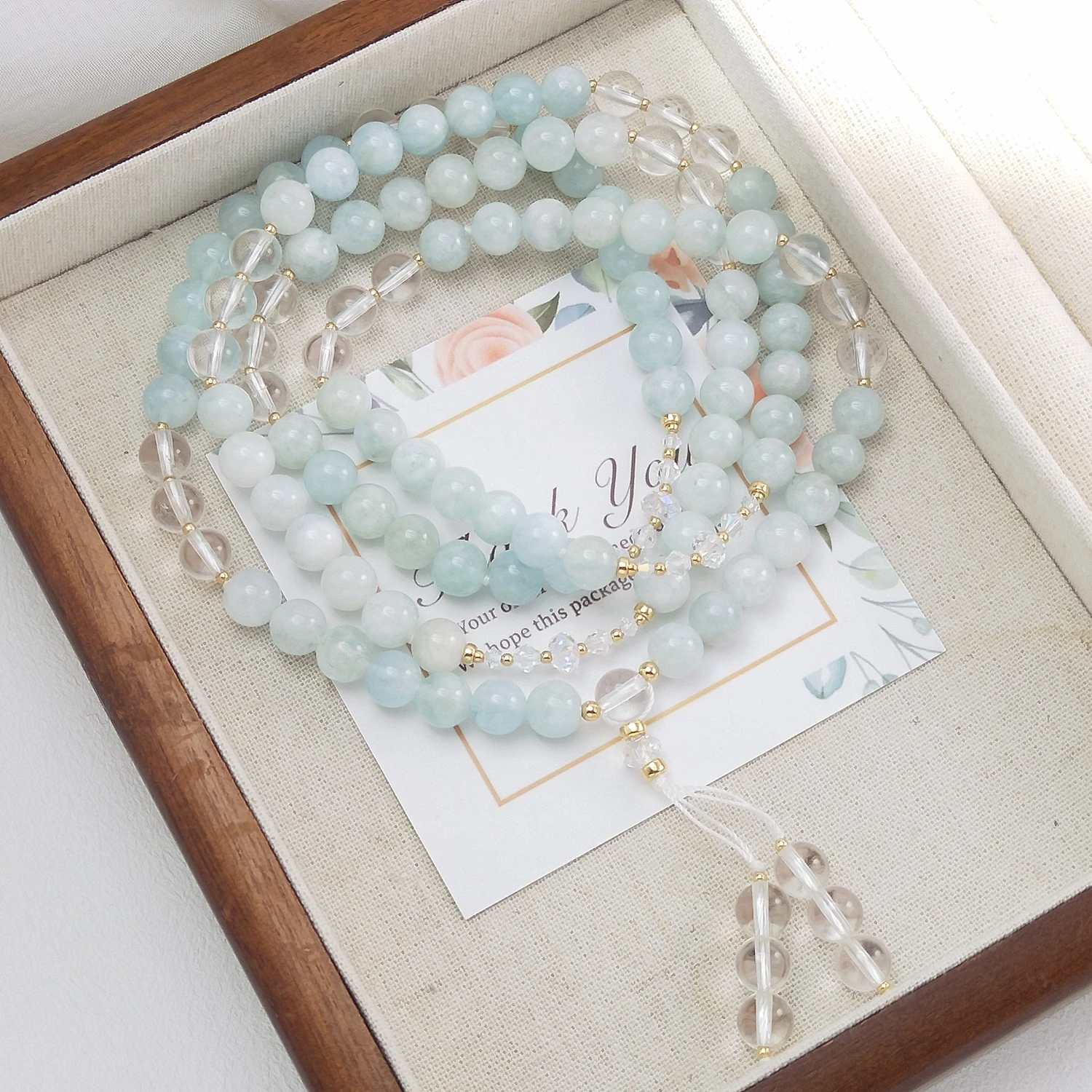 

Lii Ji Natural Aquamarine Clear Quartz 8mm 14K Gold Filled Necklace 108 Beads Mala Necklace Handmade Jewelry