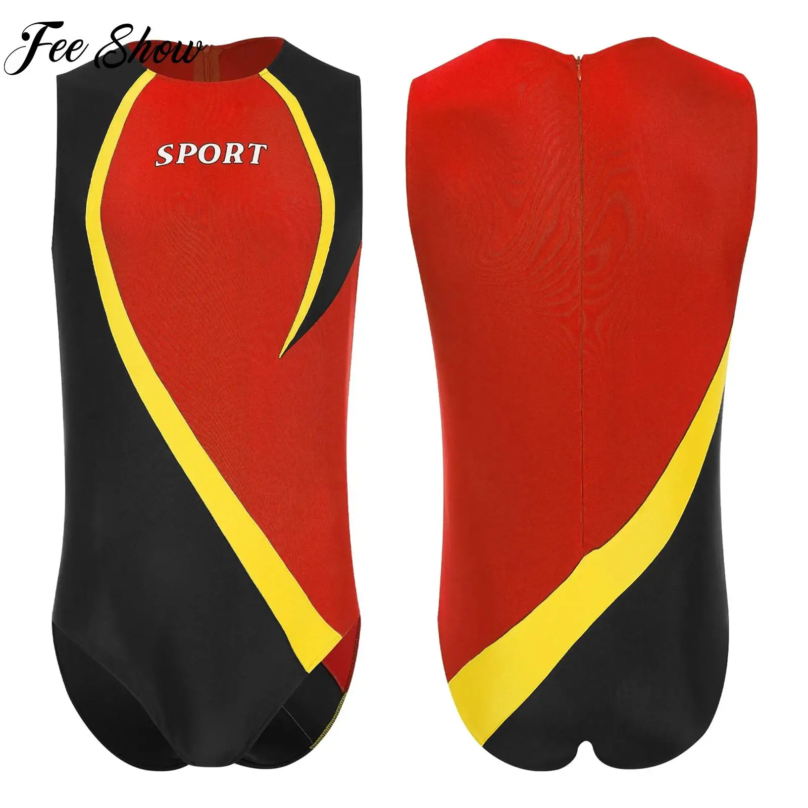 

Men Rhythmic Gymnastics Leotard Sleeveless Zipper Color Block Sports Bodysuit for Workout Athletic Bodybuilding Costume Swimwear