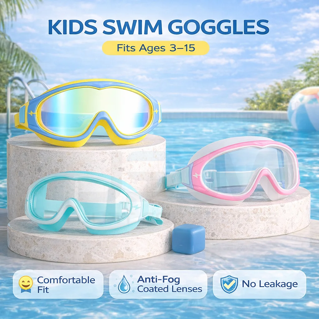 

JSJM Kids Swimming Goggles Big Frame HD Wide View Anti-Fog Waterproof Swim Mask For Boys Girls Ages 3-15 Multi-Color Choice