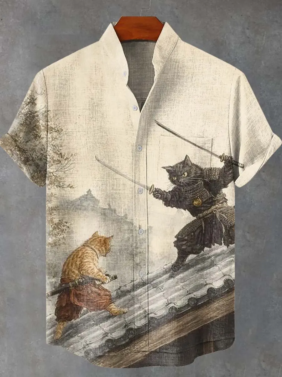 

Fashionable retro summer shirt men's samurai Hawaiian shirt casual short sleeved top loose clothing stand up collar top