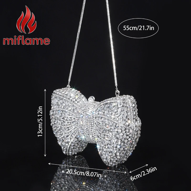 Miflame Crystal Rhinestone Bow Chain Strap Clutch Bag Luxury Glitter Sparkly Evening Party Wedding Formal Handbag