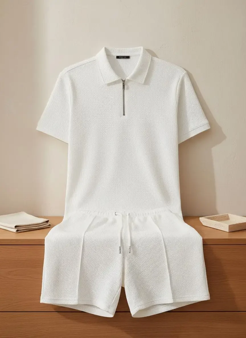 Ensemble deux pièces décontracté gaufré pour homme, été 2026 : Haut zippé à manches courtes et short de couleur unie – Tenue polyvalente pour le quotidien