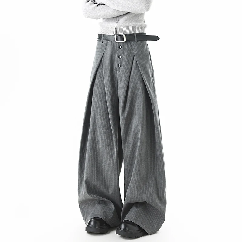 Korean Style Men's Suit Pants Striped Design Contrast Color Pleated Wide Leg Loose Straight Male Trousers Spring Autumn