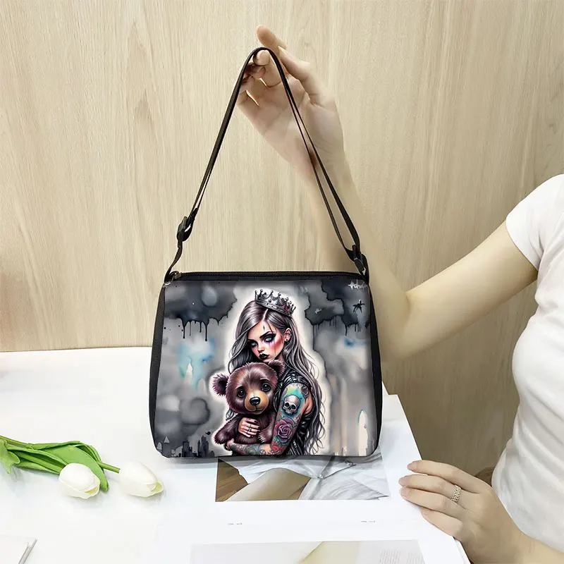 Cartoon Gothic Girl and Bear Doll Print Shoulder Bag Goth Girl Women Handbag for Travel Key Phone Holder Portable Crossbody Bag