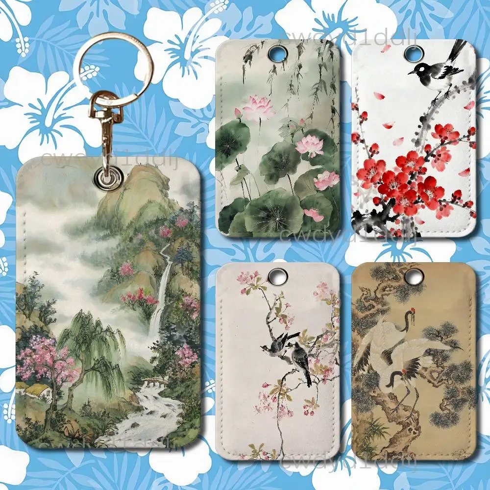 

Chinese Brush Paintings Art Premium PU Leather Card Holder Card Case with Metal Carabiner,Customizable Design for Daily Use