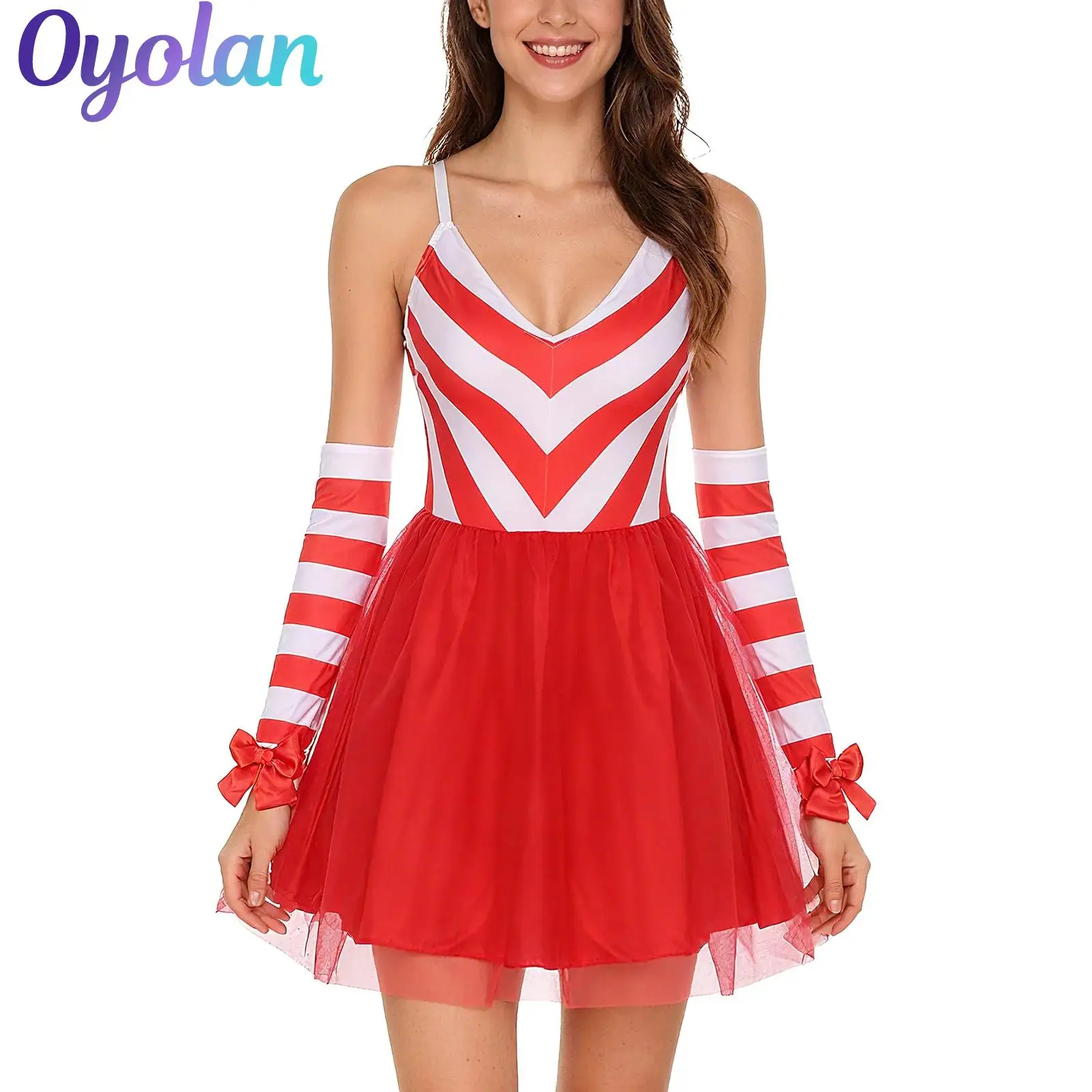 

Womens Christmas Xmas Mrs Santa Elf Cosplay Costume V-neck Striped Bodice Ballet Tulle Candy Cane Leotard Dress with Bow Gloves