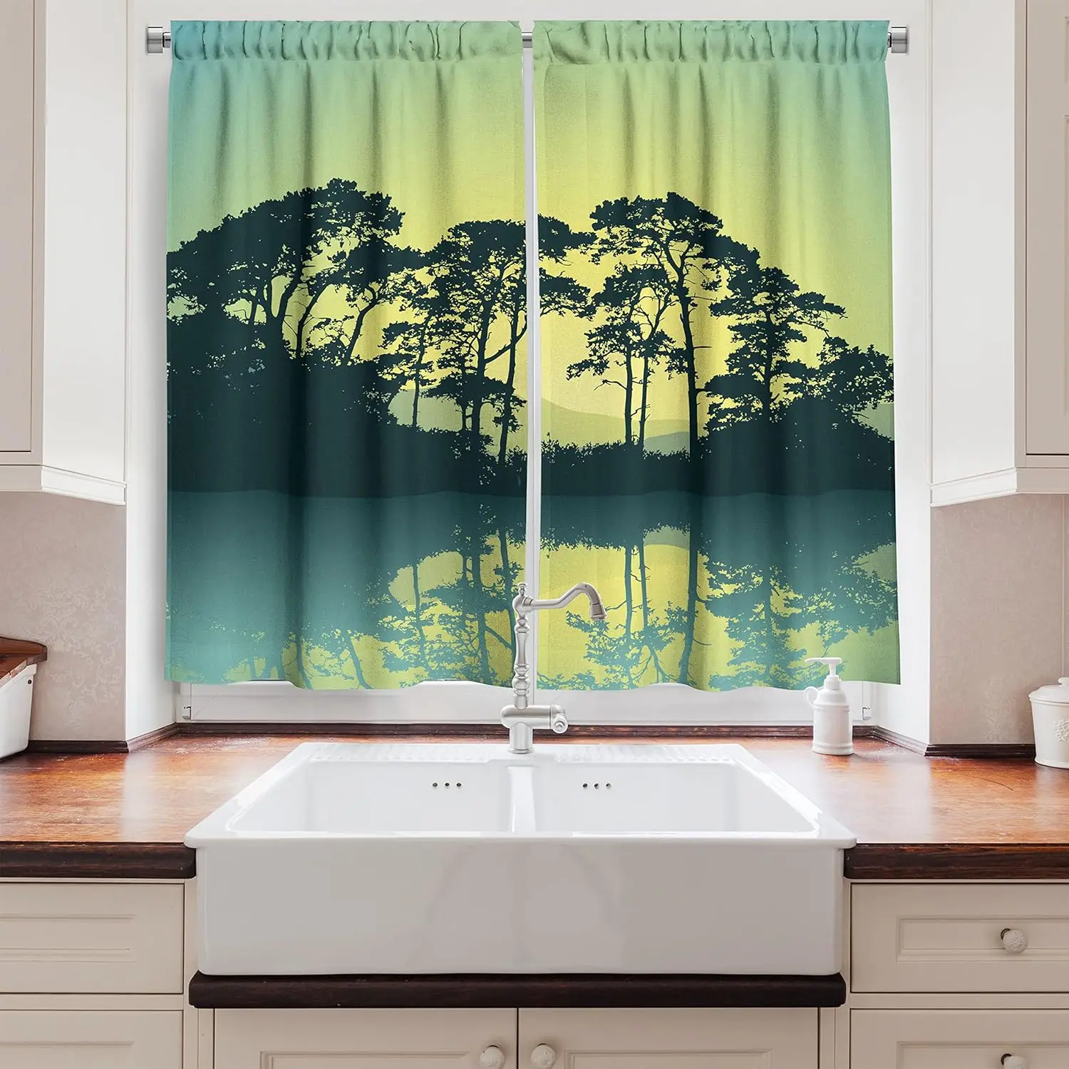 Forest Kitchen Curtains, Mystic Forest with Trees Abstract Mountain View and Lake River Nature Print, Window Drapes 2 Panel Set