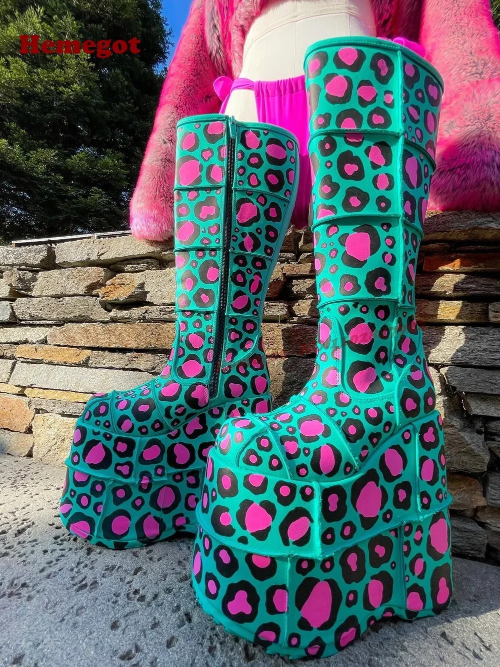 Round Toe Wedges Side Zipper Women's Long Boots Colorful Platform Gothic Knee High Boots Patchwork High Heels Spicy Girls Shoes