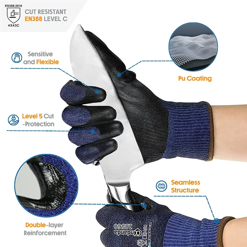 Andanda-guantes de nitrilo de doble capa con refuerzo para el pulgar, de trabajo, Nivel 5, resistentes a Cortes, seguridad mecánica