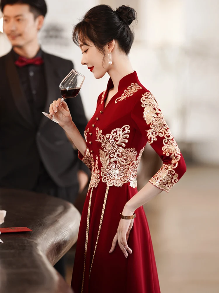 

Ele Red Long-Sve Qipao Engagement Wedding Dr Women's Chinese Sle Marriage Costume Formal Ocn Gown