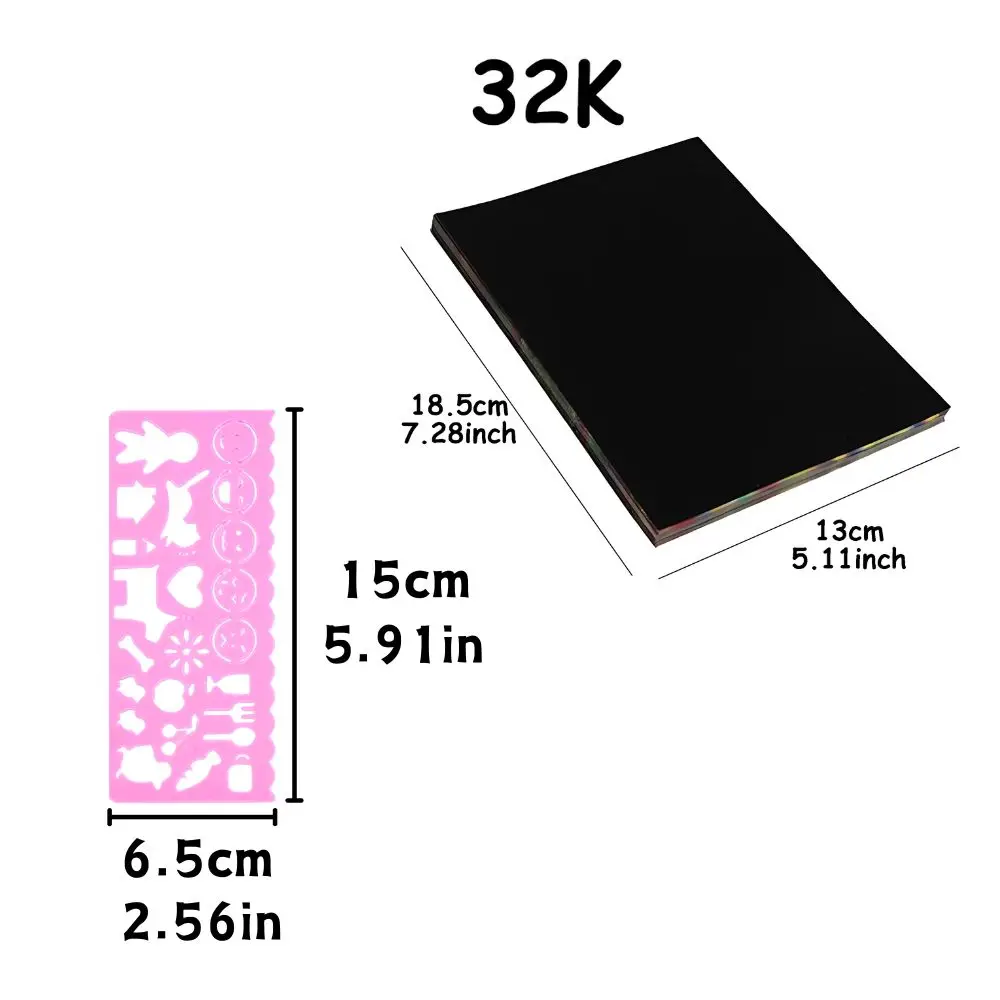 10pcs 32K Magic Rainbow Scratch Drawing Papers & 4pcs/set Multi Shape Stencil Ruler Set, DIY Doodle Art Craft Kit YMY