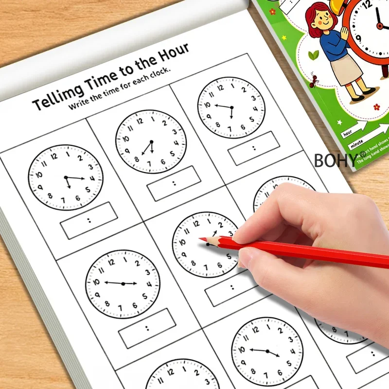 1. Cahier de devoirs sur le temps de lecture, comprenant divers exercices sur les horloges, 32 pages, pour l'éducation précoce des enfants, la préparation aux cours particuliers et le développement de la capacité de raisonnement.