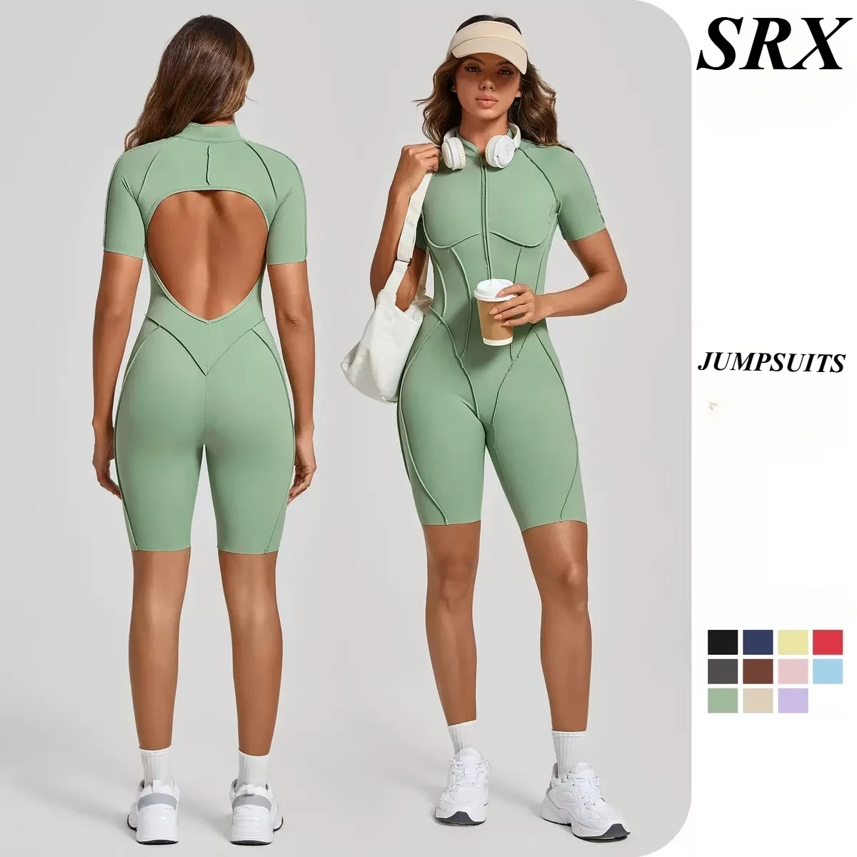 Seamless Yoga Jumpsuits Sports Fitness Zipper Hip-lifting Short-sleeved Backless Dance Workout Gym Shorts Bodysuits for Women