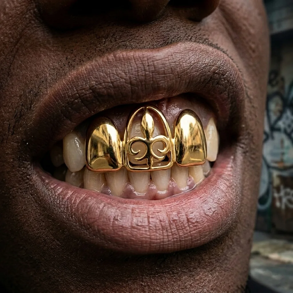 Gold Plated Hollow Fleur‑de‑lis 3‑Tooth Upper Jaw Grillz Unisex Hip Hop Rapper Costume Accessory Teeth Jewelry Wholesale
