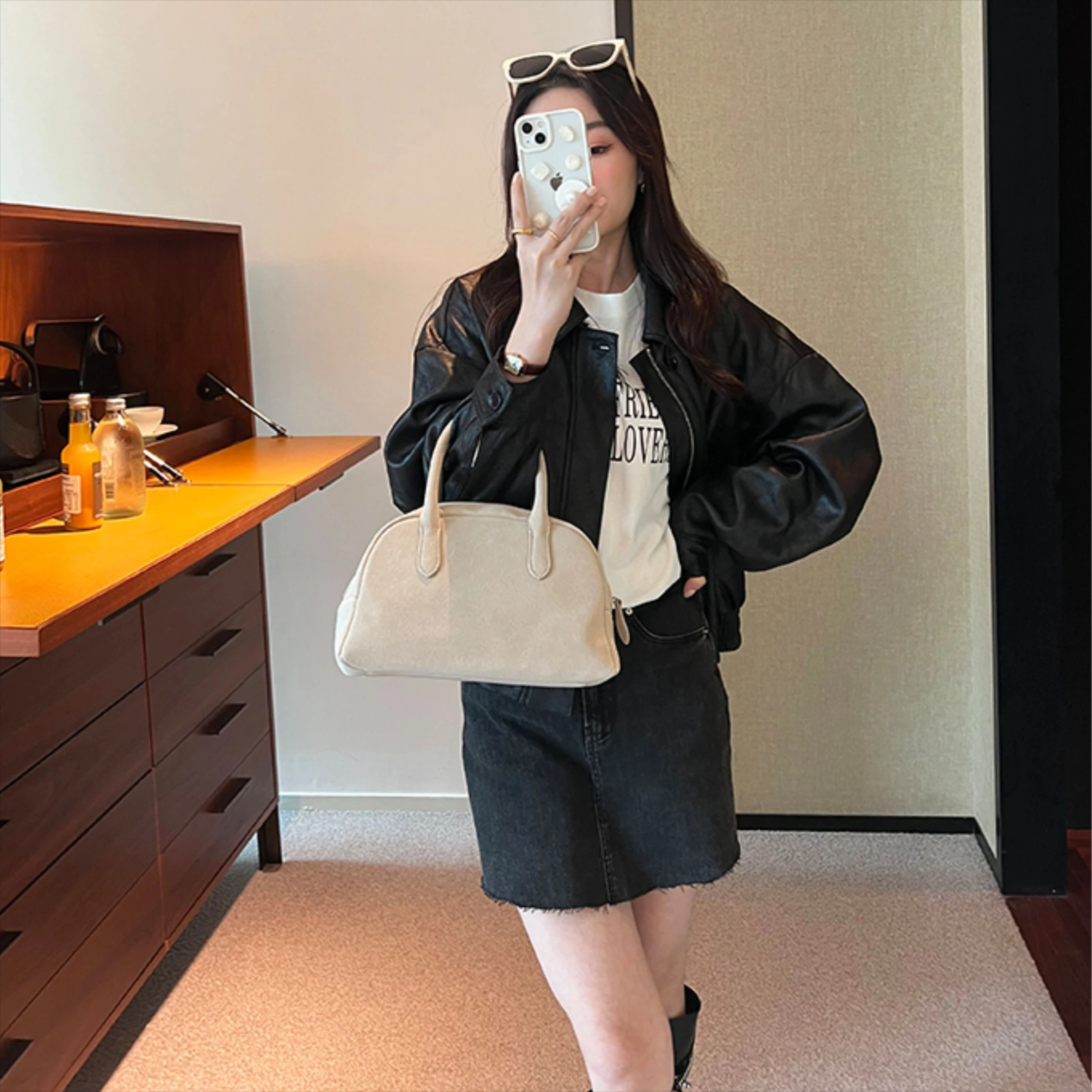 Bolso de Hombro Tipo Tote, Bolso de Mano de Cuero Genuino de Ante, Asa Larga, Color Café Gris, Moda de Invierno para Mujer 2026