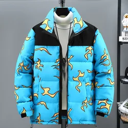 New Winter Men Jackets Thick Warm Casual Padded Down Cotton Outwear Black Blue Flame Print Long Sleeve Parka Couple Outdoor Coat