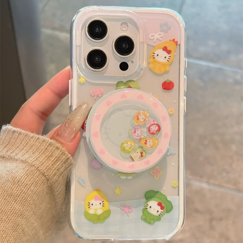 Cute Cartoon Vegetable Fruit Hello Kitty Magsafe Card Wireless Charge Case For iPhone 13 14 15 16Pro Max KT Shake Magnetic Stand