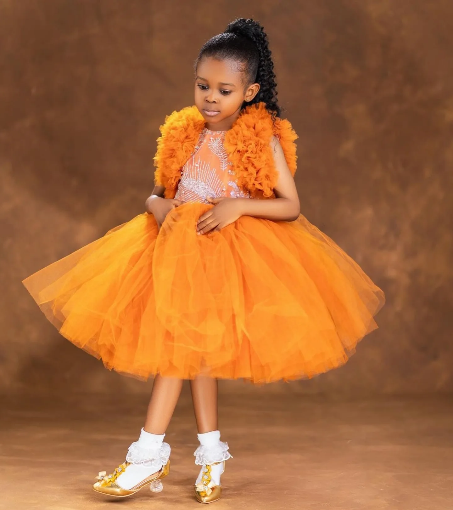 Vestidos de menina de flor laranja para casamento babados lantejoulas na altura do joelho princesa menina crianças festa aniversário primeira comunhão vestido