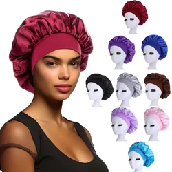 Nuevo gorro de dormir de ala ancha liso de satén para mujer, gorro con banda elástica para la cabeza Unisex, gorro para el cuidado del cabello