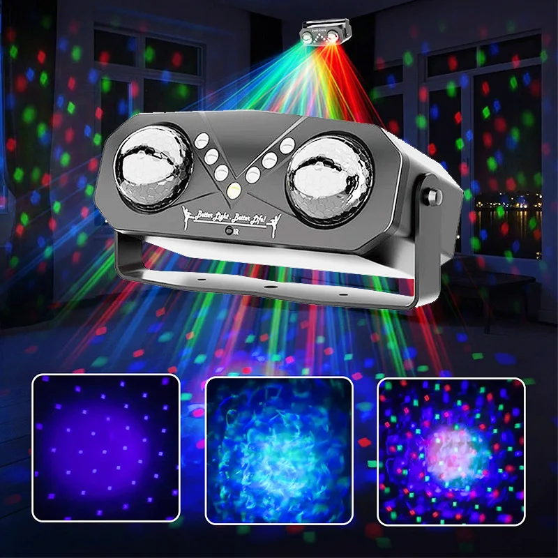 

Double Head Water Wave Magic Ball Light, RGB Sound Activated Rotating Stage Lamp for DJ Disco Bar Party