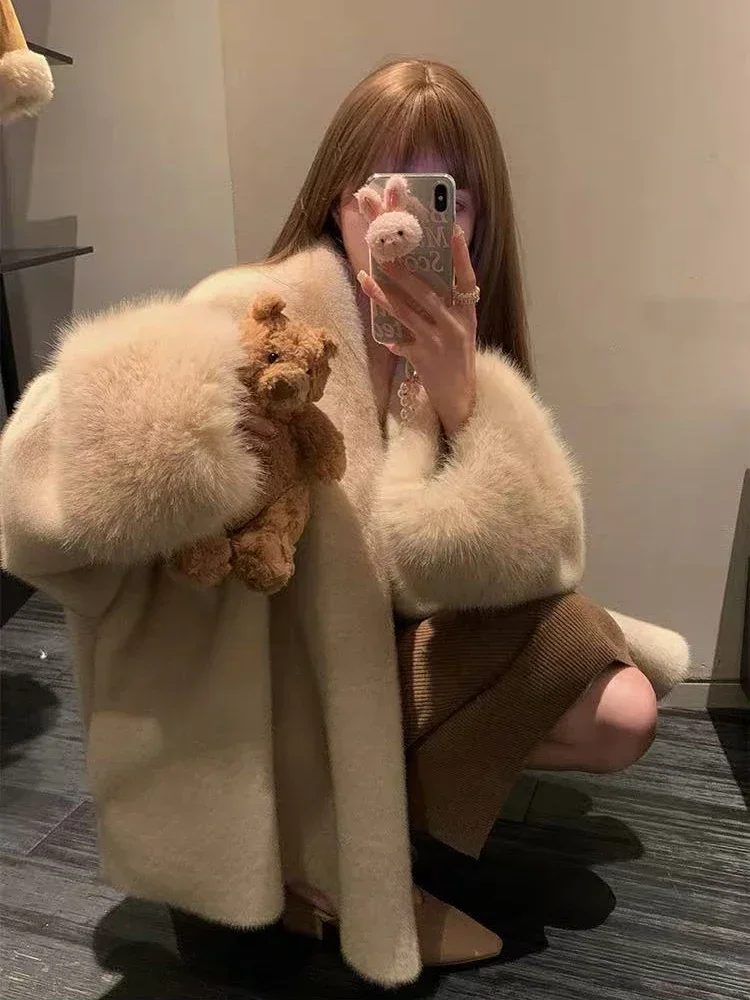 Faux Mink Fur Coat for Women Winter Thick Loose Hairy Casual Jacket Y2K Fashion Streetwear Long Sleeve Warm Fur Outerwear