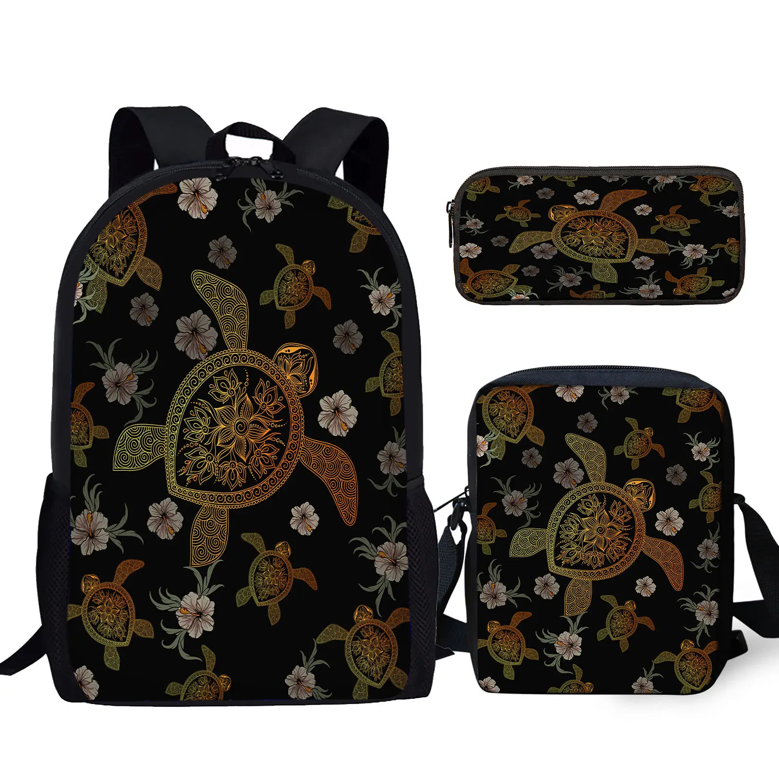 3Pcs Polynesian Sea Turtle Print Student School Bag Set Boys Girls Campus Casual Storage Backpack with Lunch Bag Pencil Bag