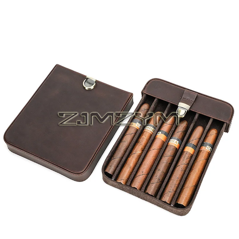 Genuine Leather Cigar Box With Six Capacity Pull-out Lock Buckle Portable for Travel Pipe Pouche