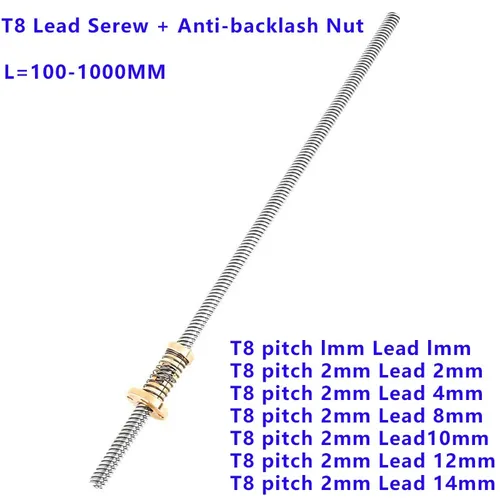 1 Juego de tornillo de avance T8 con tuerca antigolpes T8, tuerca con resorte, tuerca de espacio de eliminación para rosca tipo T, piezas Trapezoidales 3D de 8mm