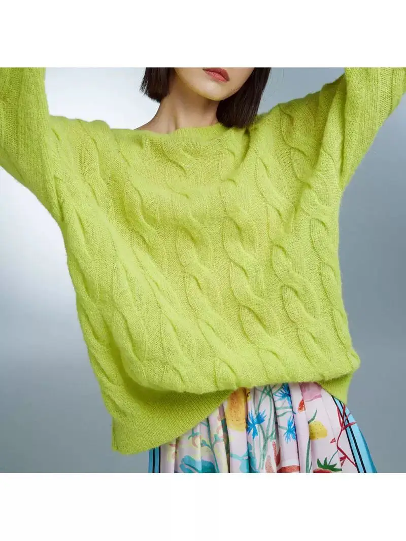 

YENKYE Fashion Autumn Winter Sweater Women Casual O Neck Twists Femme Pullover Chic Long Sleeve Yellow Loose Sweaters