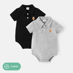 PatPat Baby Boy 100% Cotton Bear Embroidered Polo Collar Short-sleeve Pique Rompers Perfect for Outings and Daily Wear