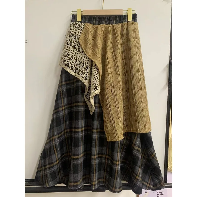 1 stks dames vintage hoge taille lange rok onregelmatige geruite kant patchwork halve rok retro a-lijn rok voor dagelijks gebruik