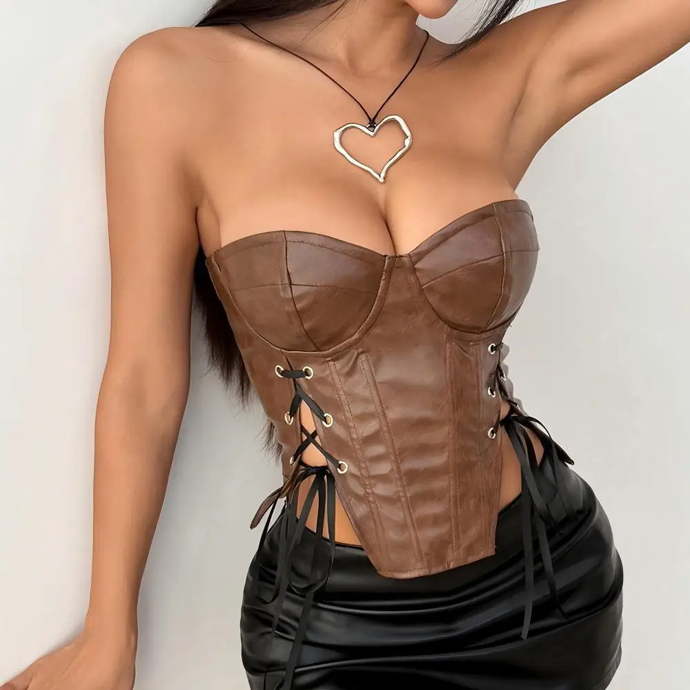 

Pu Leather Strapless Cropped Tops Sexy Woman's Corset Hollow Out Fishbone Vest Slim Camisole Hipster Shaper Tank Top High Street