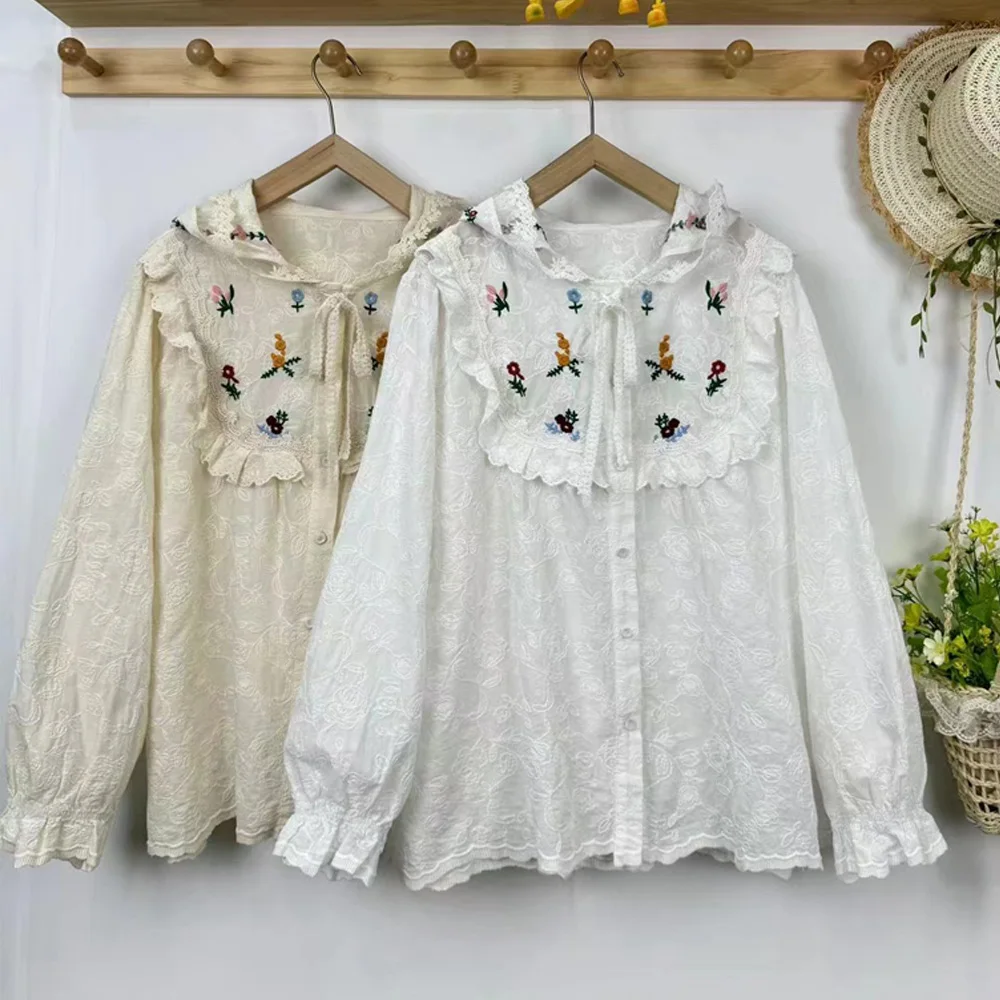 Japanese Mori Kei Lace Patchwork Flower Embroidery Hooded Shirts Women Spring Autumn Long Sleeve Sweet Hoodies Blouse Tops