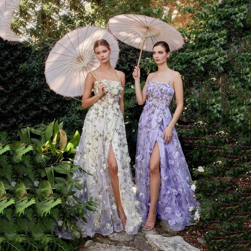

Strap Backless Sweet Embroidery Embroidered Mesh Slit Evening Dress Sleeveless Lace A-line Dress Customized