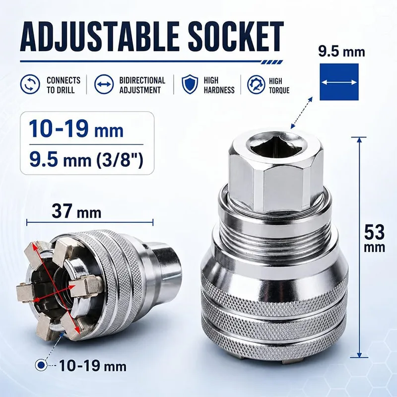 Universal Socket Set with Ratchet Wrench Adjustable Grip for Hex Nuts Bolts Electric Drill Adapter for Handmade Home Repair