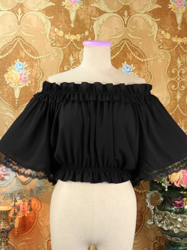 

Summer New Lolita Shirts Ruffles Lace Patchwork Slash Neck Short Sleeve Crop Tops Solid Color Bloeses All Match Women's Clothing