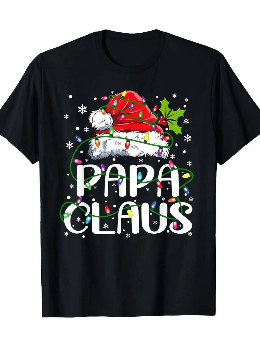 Papa Claus Christmas Lights Pajama Family Matching 220G 100% Cotton T-Shirt 100% Cotton Trendy Y2K Short-Sleeve Tee-Soft, Quick-Drying, Moisture-Wicking;  Great Gift for Christmas or Halloween.