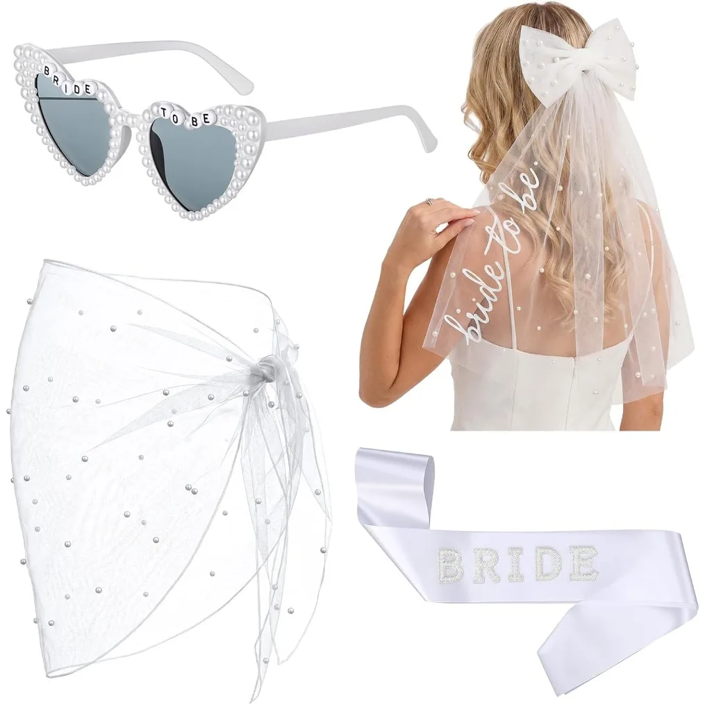 4-teiliges Braut-Accessoire-Set: Perlen-Sarong, Herz-Sonnenbrille, Schärpe, Tüllschleier für Junggesellinnenabschied und Brautparty-Dekoration – Detail 1