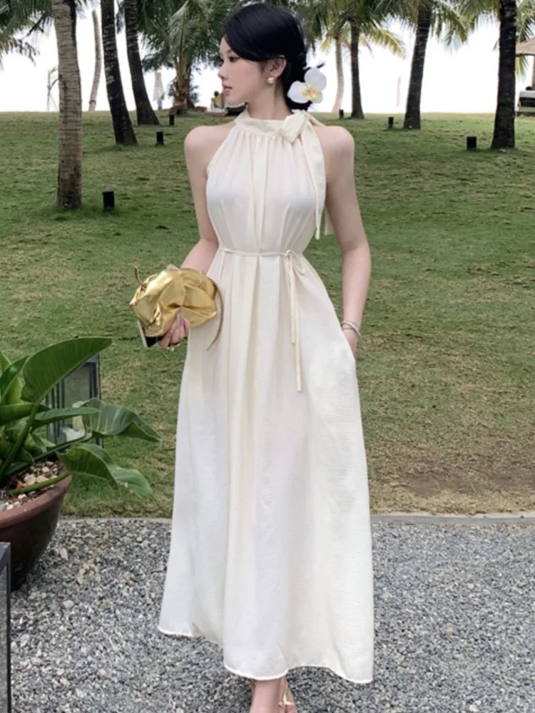 Élégant français licou femmes robes de soirée Chic épaules nues à lacets fête d'anniversaire robe mi-longue femme décontracté robes vêtements