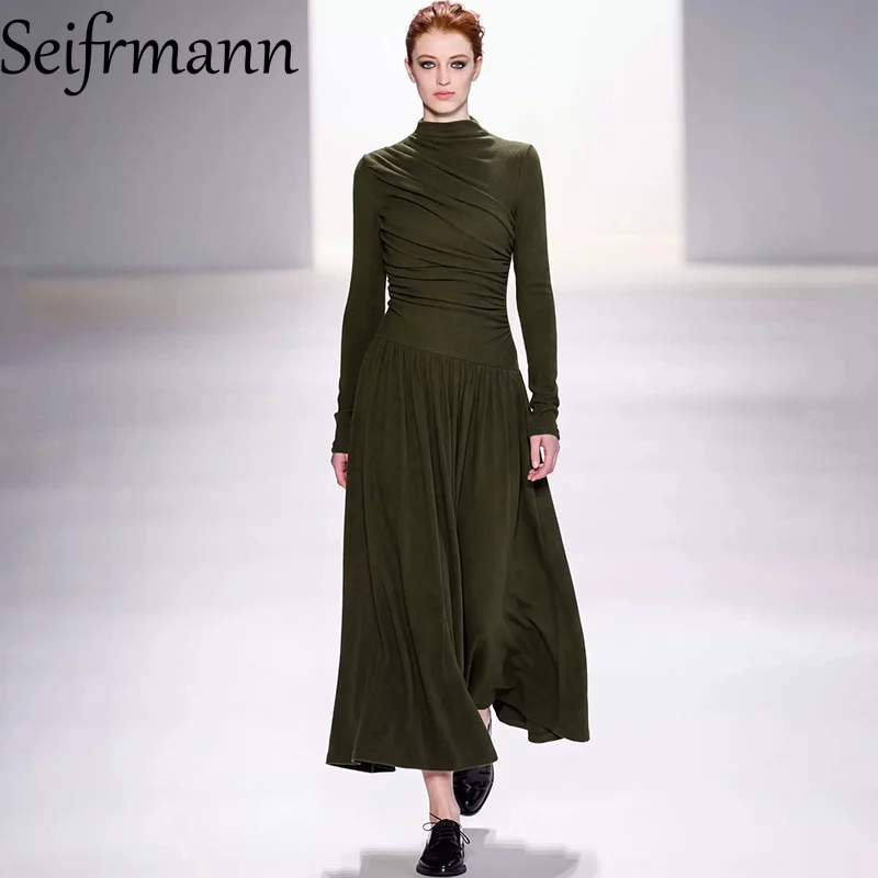 Seifrmann Solid Color Pleated Dress Stand Collar Long Sleeve Waist Elastic Long Dress 2026 Autumn Women's New Style