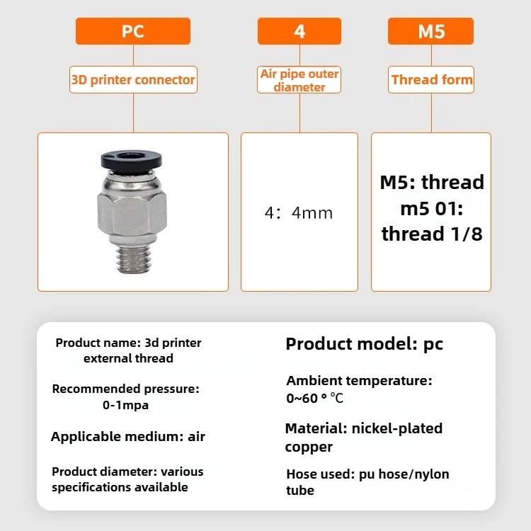 PC4-M6 PC4-01 3D Printer Pneumatic Fitting, External Thread Quick Connect Coupler, Straight Through Pass Connector 10PCS