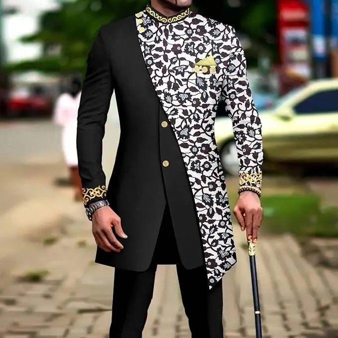 

Classic African National Printing Batik Men's Casual 2PCS Suit For Wedding Dinner Event Suit terno masculinos complete costume