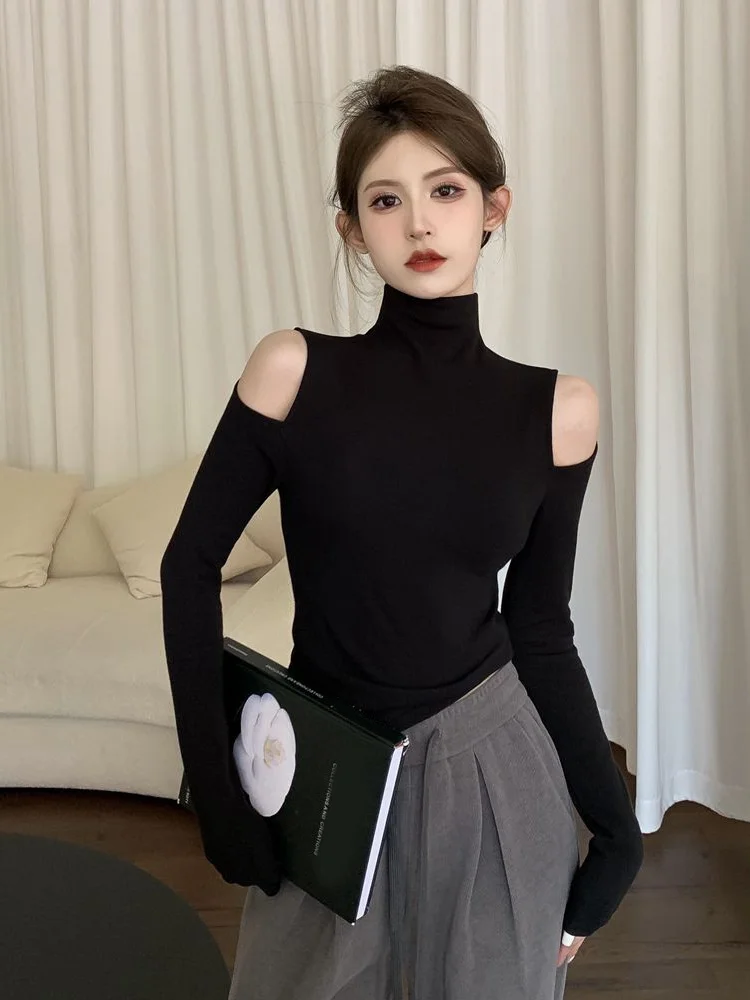 White Off Shoulder Turtleneck Sexy Tshirts Female Tops 2024 Women's T Shirts Luxury High Quality Clothes Long Sleeve Sale O Tees