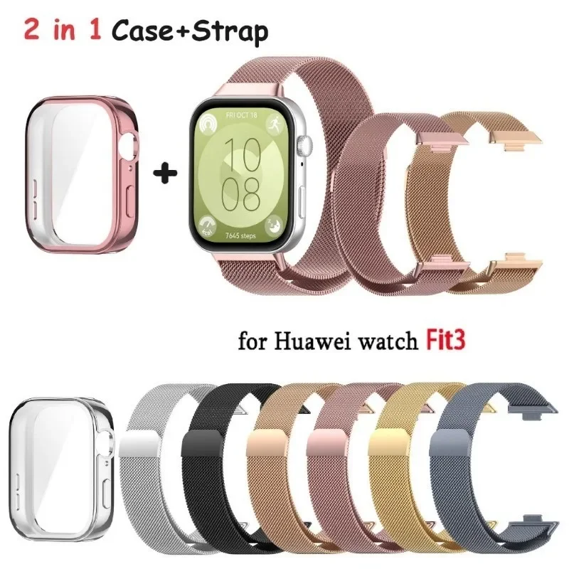 Milanese Strap + Case For Huawei Watch Fit 3 4 / Fit3 Fit4 Pro Stainless steel Replacement Bracelet 2 IN 1 Full TPU Case Cover
