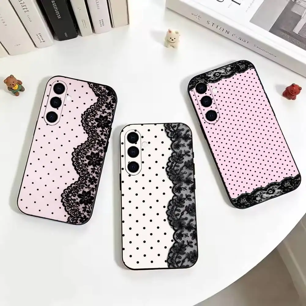 Black Polka Dot Lace pattern  Black Soft Silicone Phone Case for Samsung Galaxy A73, A42, A72, A70, A53, A52, A51