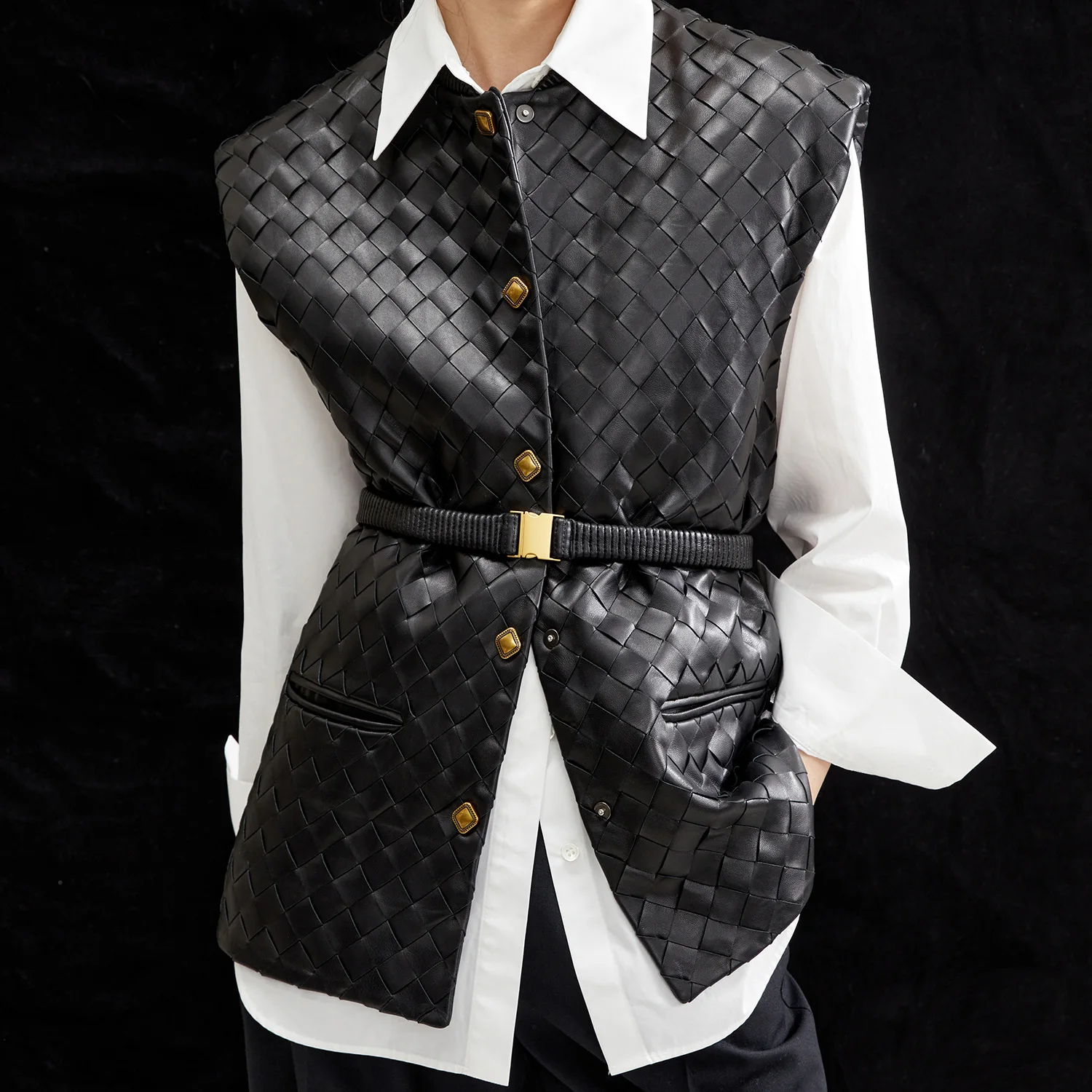 Hand Knittd Lambskin Jacket For Women New Luxury Genuine Leather Vest Femme O-Neck Single Breasted Waistcoat with Elastic Blet