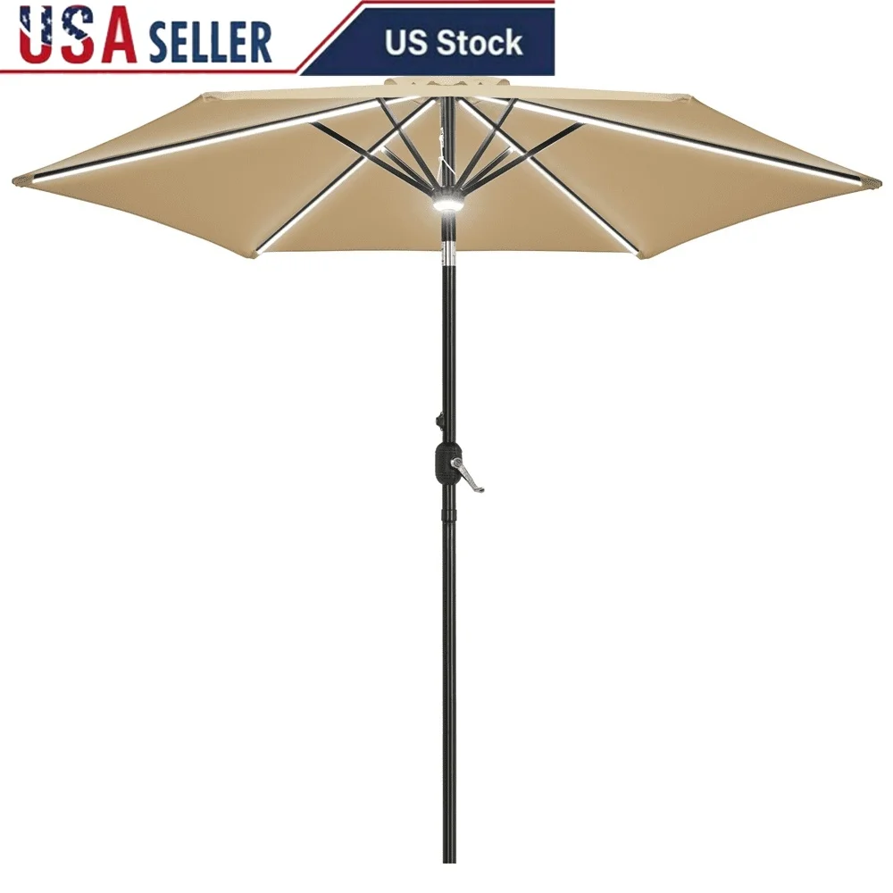 

9Ft Outdoor Patio Umbrella with Solar LED Lights Crank Operation Adjustable Tilt Durable Weather-Resistant Canopy Dining Lounge