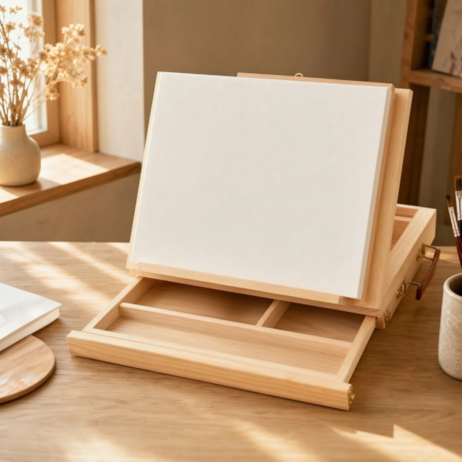 Wood Tabletop Easel Storage Box Compact Portable Painting Box with Easel Tabletop Art Station with Drawer Sturdy for Artists
