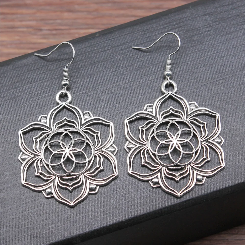 Fashion Handmade Antique Silver Color Flower Of Life Pendant Earrings Women Vintage Drop Earrings